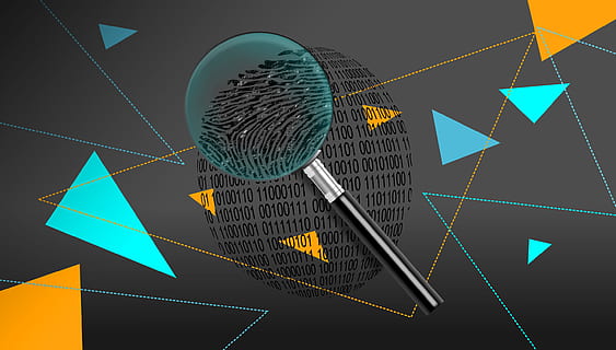 Una huella compuesto por 0s y 1s con una forma de dedo, a la que se inspecciona mediante una lupa.